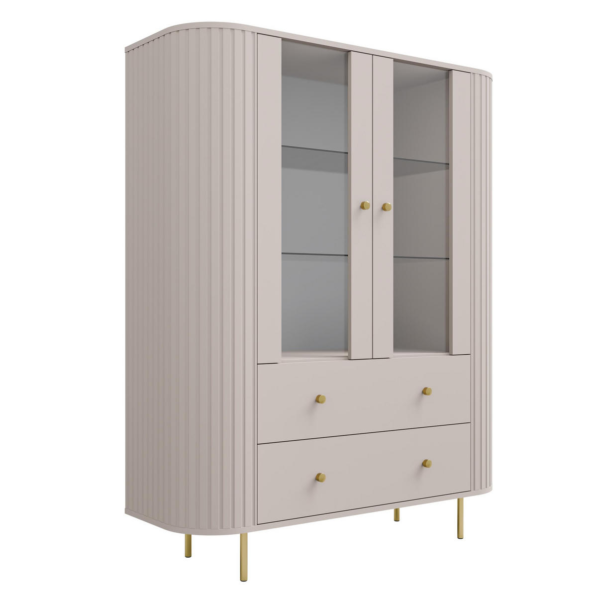 VITRINE Halay Beige, 2 Türen & 2 Schubladen Moderne Rillenstruktur, mit runden Kanten - Beige/Goldfarben, Holzwerkstoff/Metall (123/155/42.3cm) - AX Living