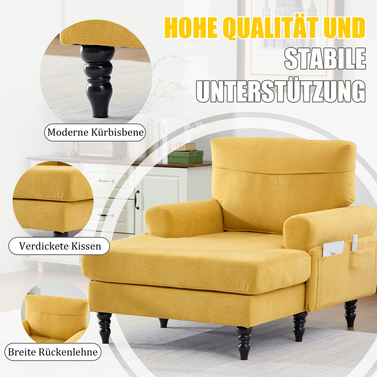SOFA Chenille Senfgelb mit Stauraum - Gelb, Holz/Holzwerkstoff (97/86/125.5cm) - WISHDOR