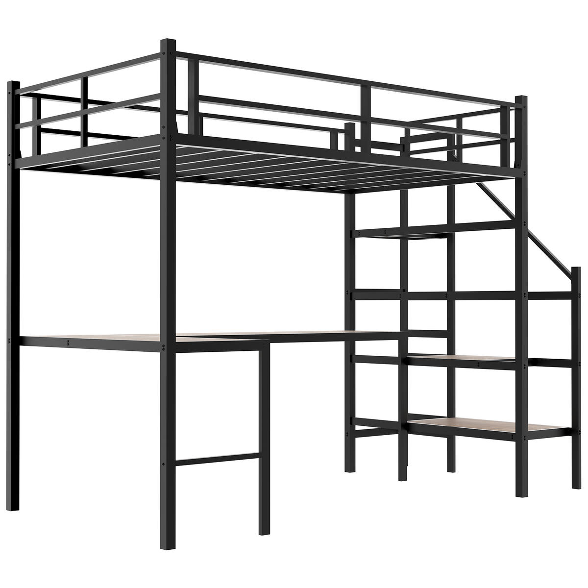 HOCHBETT mit L-förmigem Schreibtisch und Treppe Metall Schwarz - Schwarz, Holz (90/190cm) - Meubliv