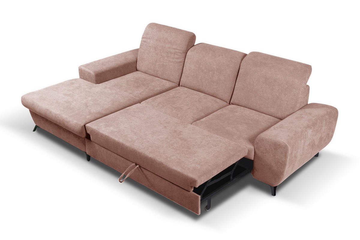 ECKSOFA LUCE L-S Rosa Plüsch-Stoff mit Schlaffunktion - Rosa, Holz (279/172cm) - MASSENO