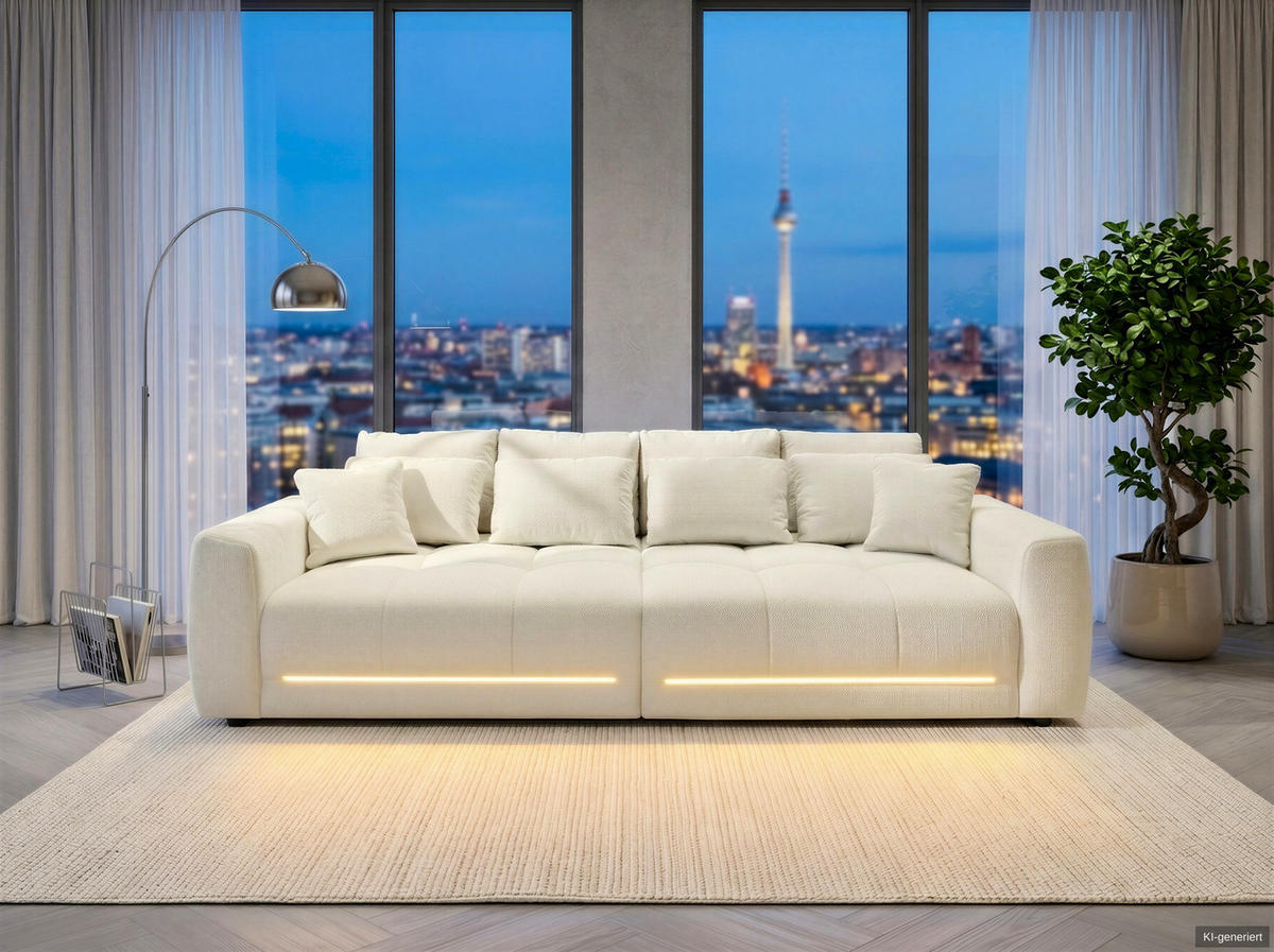 BIG-SOFA Federkern B294/T136/H86 cm, RGB-LED-Beleuchtung mit Fernbedienung, Chenille-Bezug in Beige / 15418 - Beige/Schwarz, Kunststoff/Textil (294/86/136cm) - luma-home