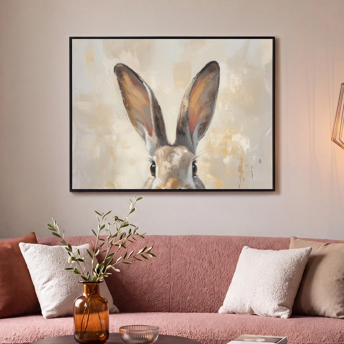 LEINWAND Bilder mit Rahmen - Hase - Ohren - Braun - 100x70 - Beige, Textil (100/70cm) - MuchoWow