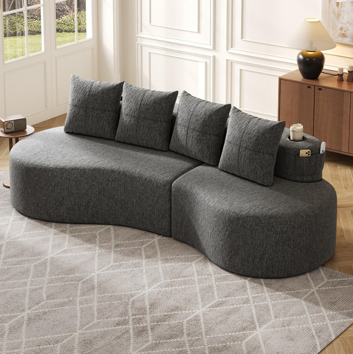 SOFA 240/109/60 cm in Dunkelgrau mit Becherhaltern und Seitentaschen - Dunkelgrau, Textil (109/63/240cm) - Flora Grace