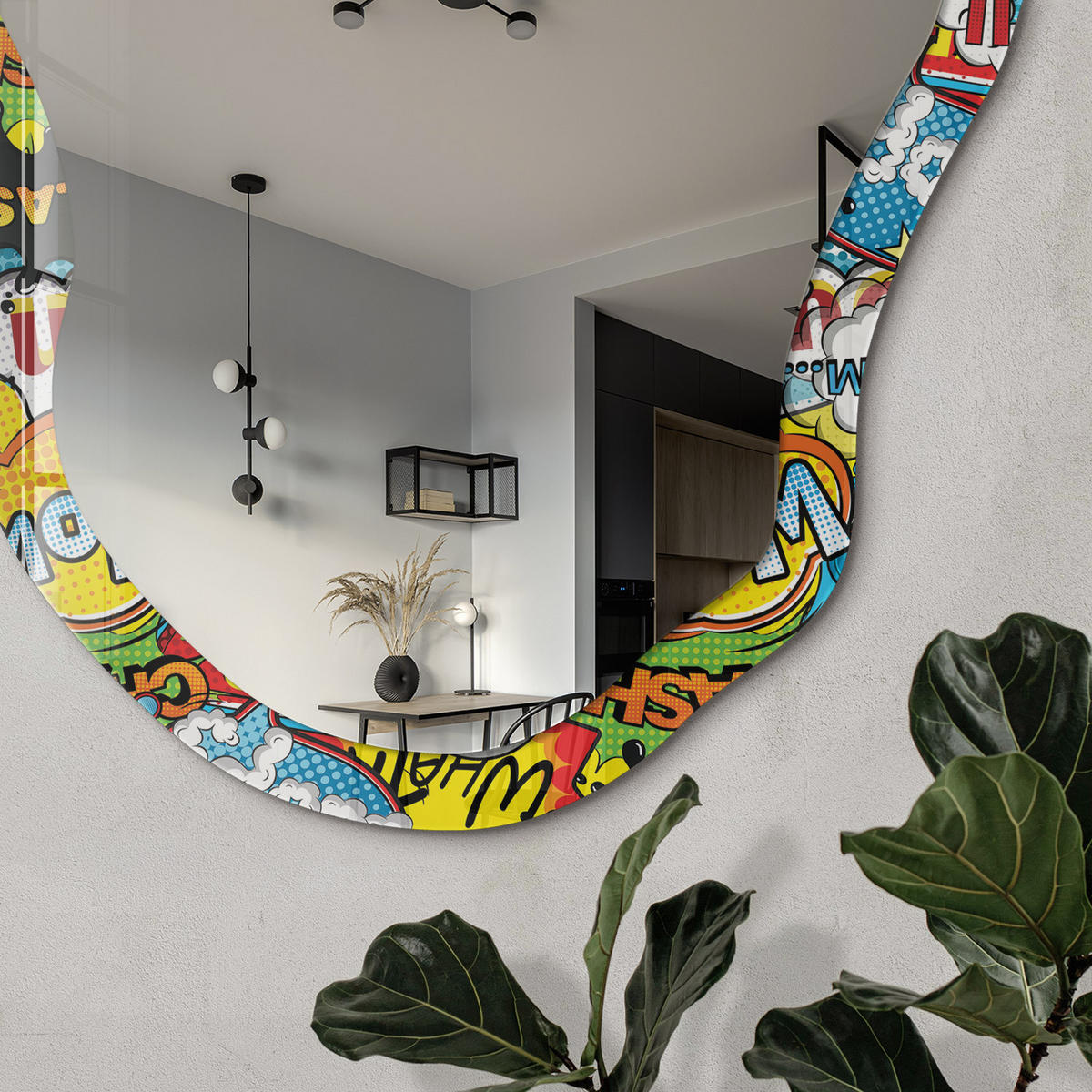 SPIEGEL 90x45 cm asymmetrisch mit Druck - Pop-Art-Comic - Transparent, Glas (45/90/0.4cm) - TULUP