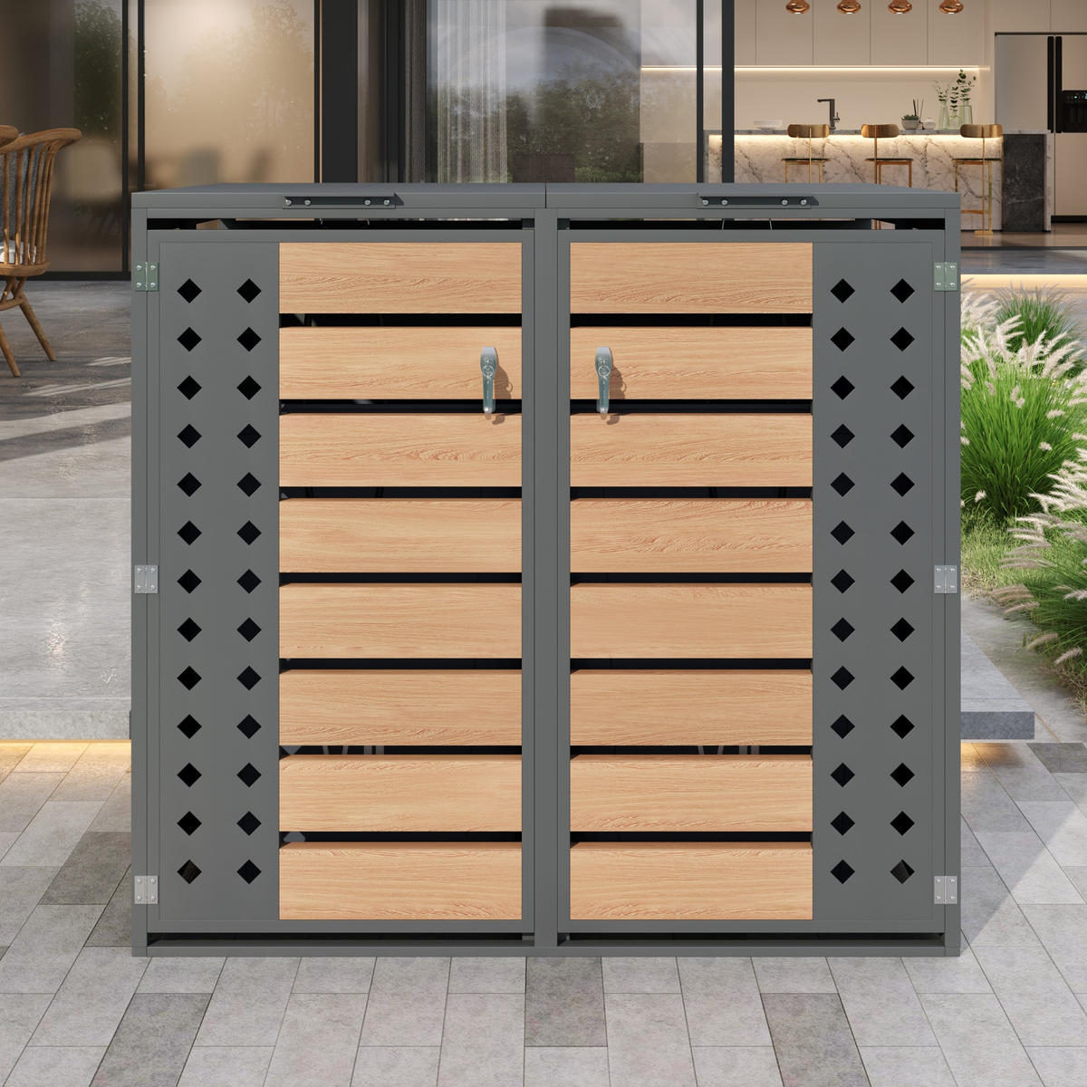 MÜLLTONNENBOX Klappdeckel 2 Türen Holzoptik - Grau, Metall (132/118.5/80cm) - LEBENLANG