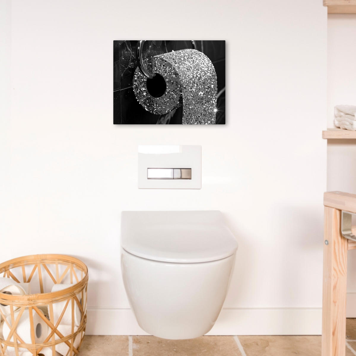 LEINWANDBILD WC - Toilettenpapier - Schwarz und weiß - Badezimmer 40x30 cm - Silberfarben, Textil (40/30cm) - MuchoWow