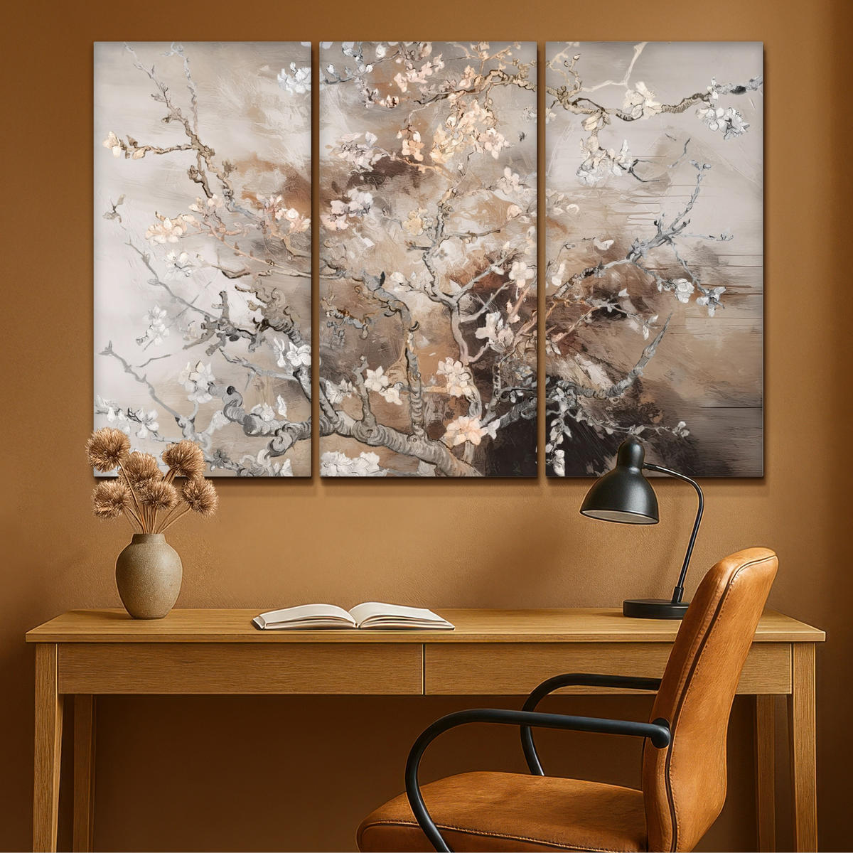 LEINWANDBILD 3er Set Mandelblüte - Abstrakt - Beige 120x80 cm - Beige, Textil (120/80cm) - MuchoWow