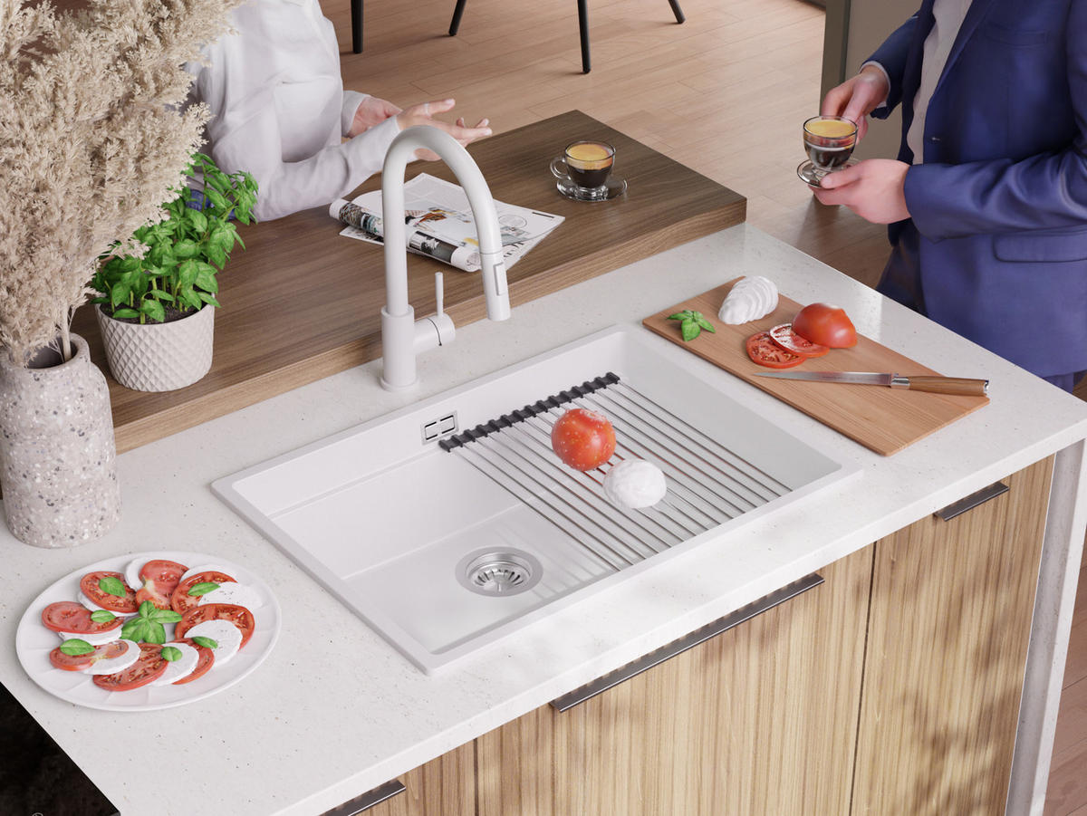 SPÜLBECKEN Praga Slim, 2-er set Weiß 66/47 cm 1 Becken + Ablauf-Set + Aufrollbare Abtropffläche ab 70er Unterschrank - Chromfarben/Weiß, Kunststoff (66/20/47cm) - Primagran