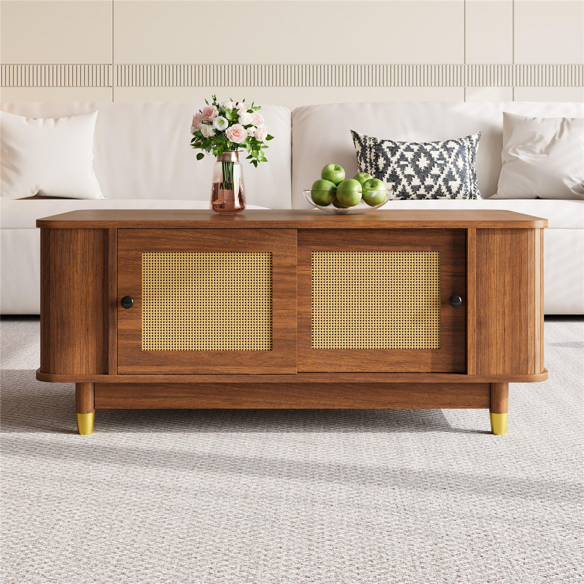 COUCHTISCH Rattan 100/50/42 Schiebetüren MDF Stauraum - Braun, Holz (50/100/42cm) - Bomclap