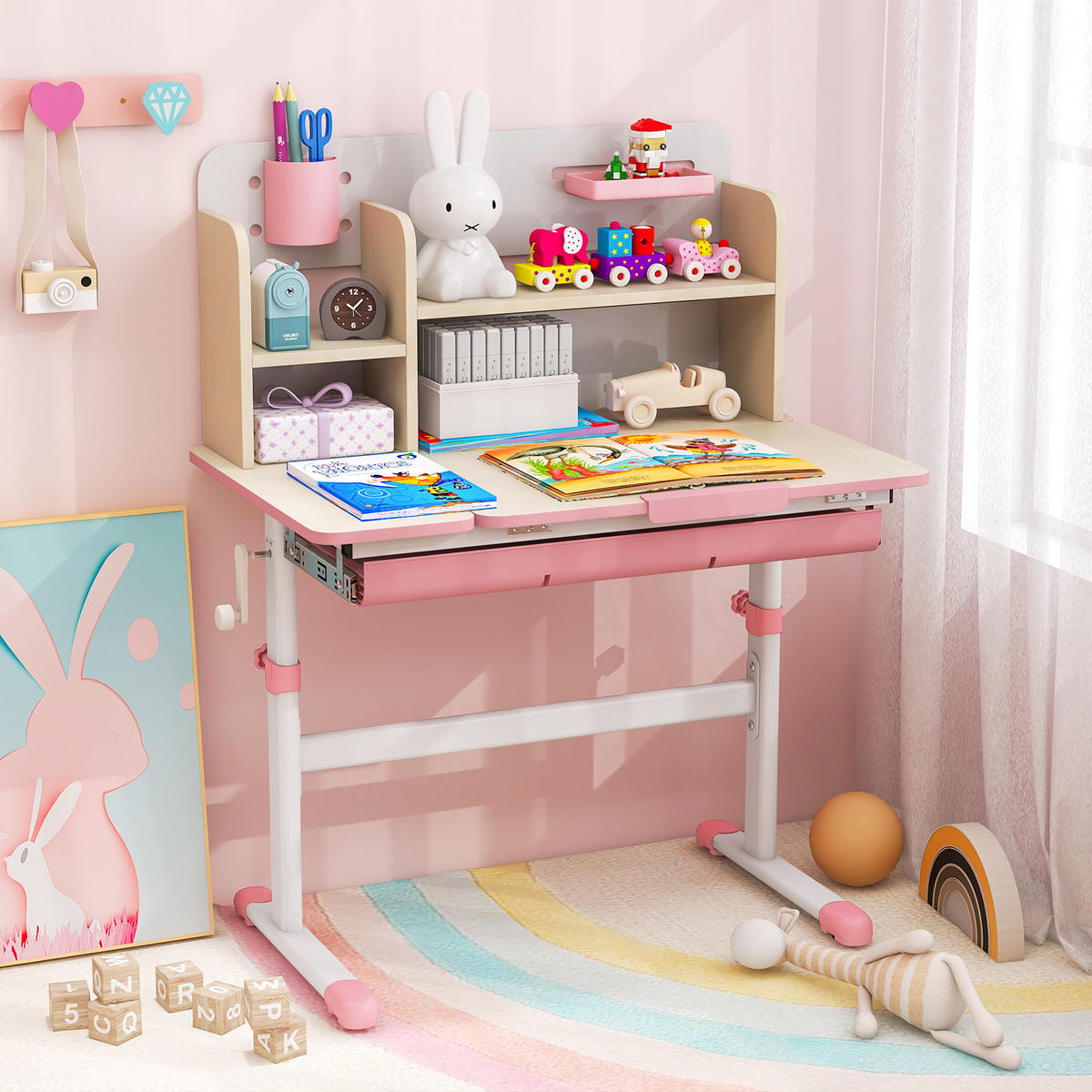 KINDERSCHREIBTISCH Höhenverstellbarer rosa - Pink, Metall (80/88/51cm) - COSTWAY
