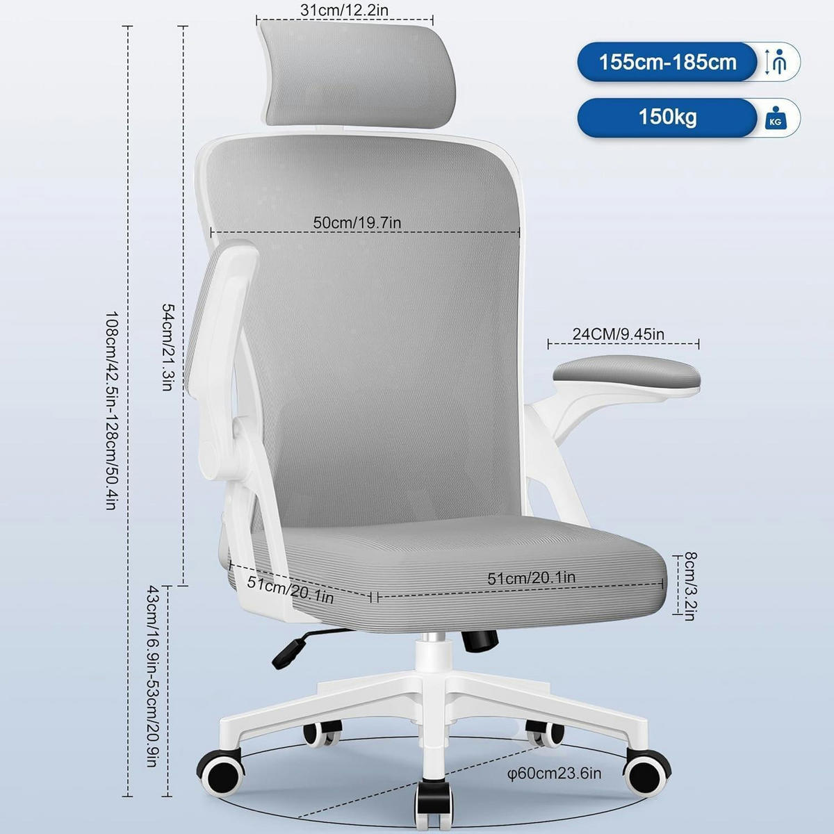 BÜROSTUHL Ergonomisch mit Kopfstütze und Lendenwirbelstütze Grau - Grau, Textil (60/128/60cm)