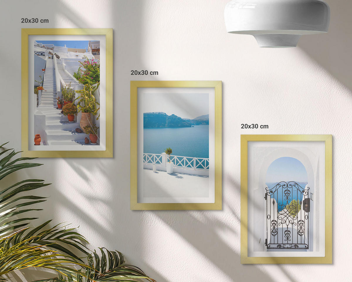 WANDBILDER 3er Set - 20x30 cm Goldrahmen - Weiße Treppenpflanzen Seetor - Goldfarben, Kunststoff (20/30cm) - ArtPrintCave