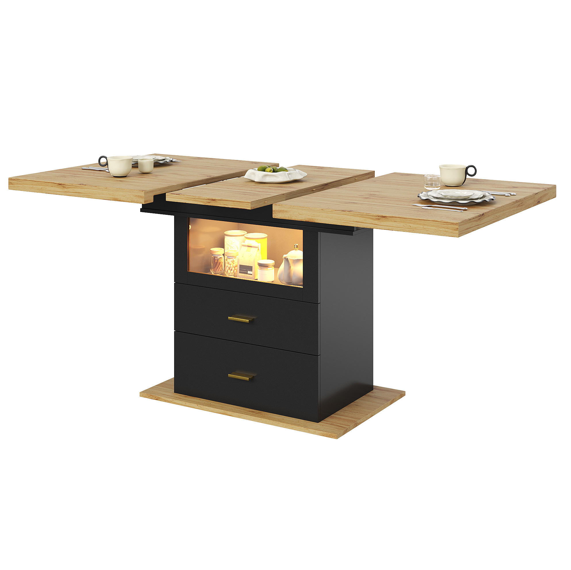 ESSTISCH 110/140/80 cm in Holzoptik mit 2 Schubladen und LED-Beleuchtung - Naturfarben, Holzwerkstoff (140/80/75cm) - Flora Grace