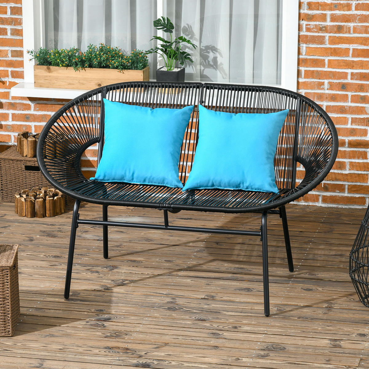 GARTENBANK DE-13592 2-Sitzer mit Seilgeflecht und 2 Kissen Schwarz - Schwarz, Metall (132/83/72cm) - ComfortXL