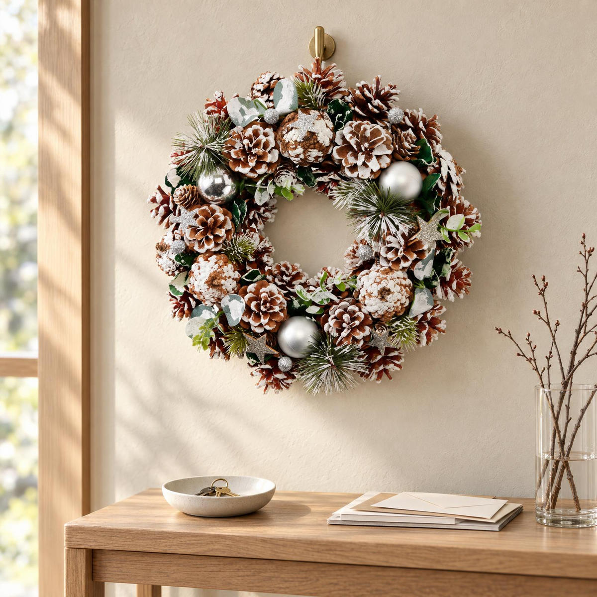 WEIHNACHTSKRANZ mit Tannenzapfen und Christbaumkugeln 34/34/8 cm - Silberfarben, Naturmaterialien (34/8/34cm) - Home Styling Collection
