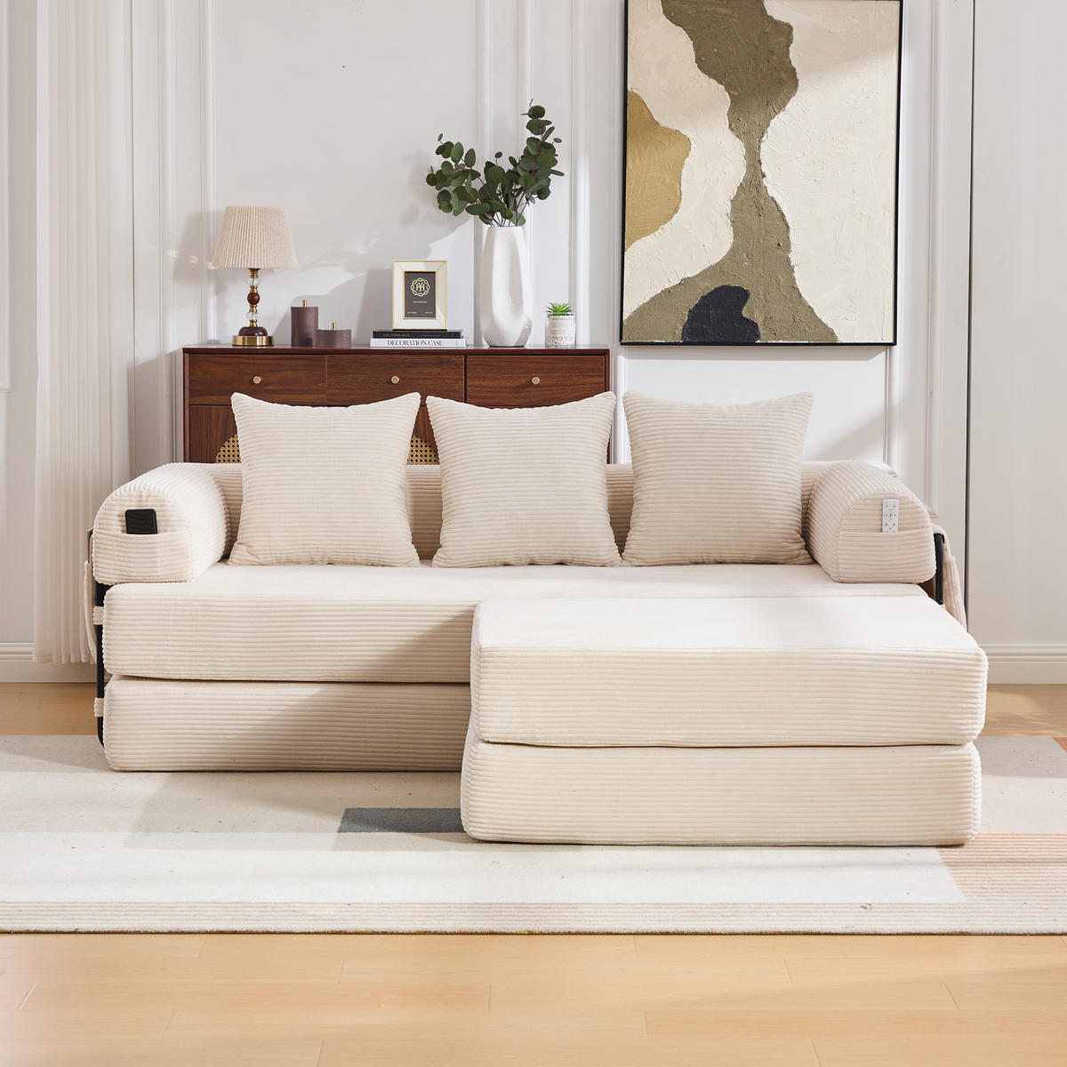 ECKSOFA Cord Beige mit Hocker und Kissen - Beige, Textil/Metall (218/285cm) - WISHDOR