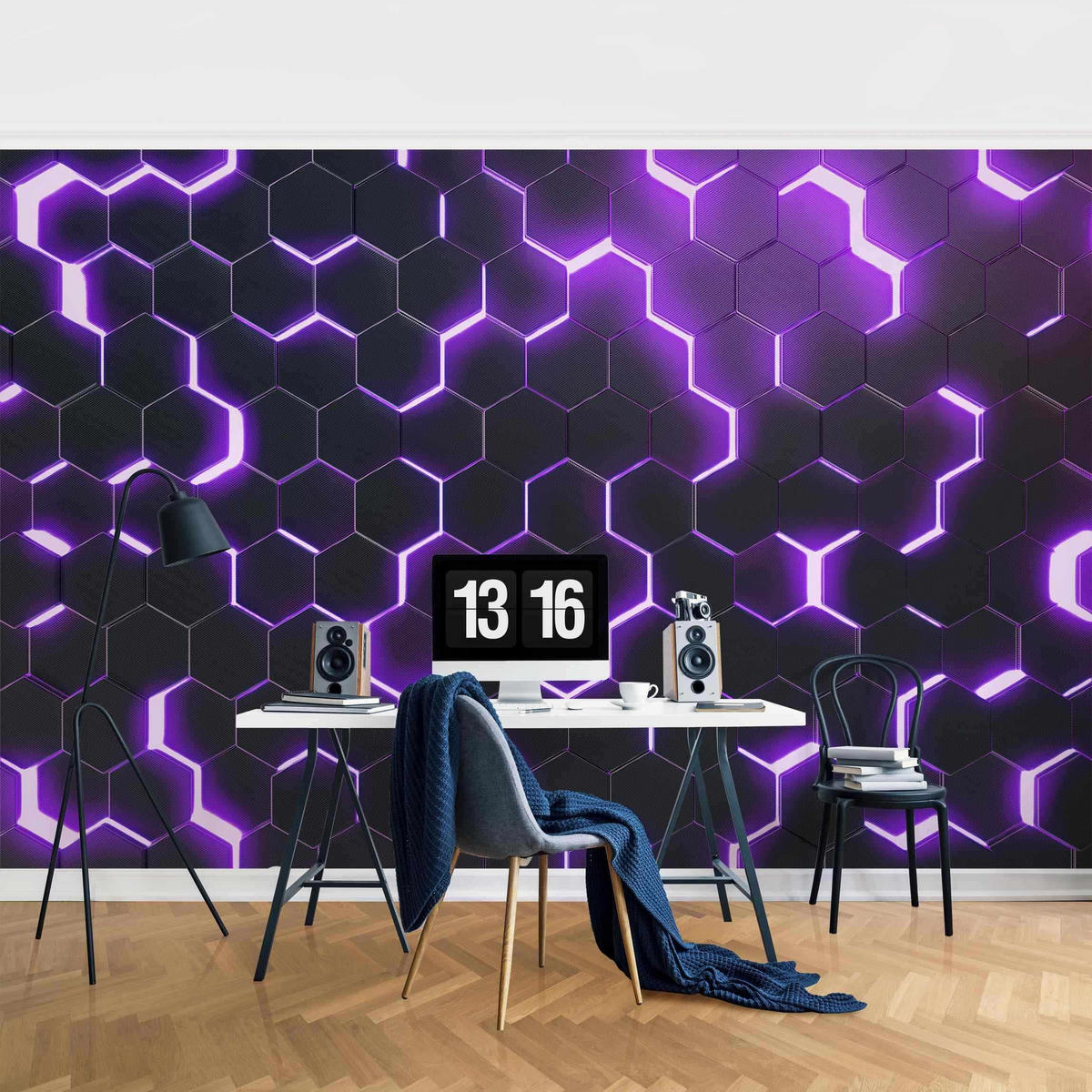 FOTOTAPETE Strukturierte Hexagone mit Neonlicht in Lila 384/255 cm - Schwarz, Papier (384/255cm) - Bilderwelten