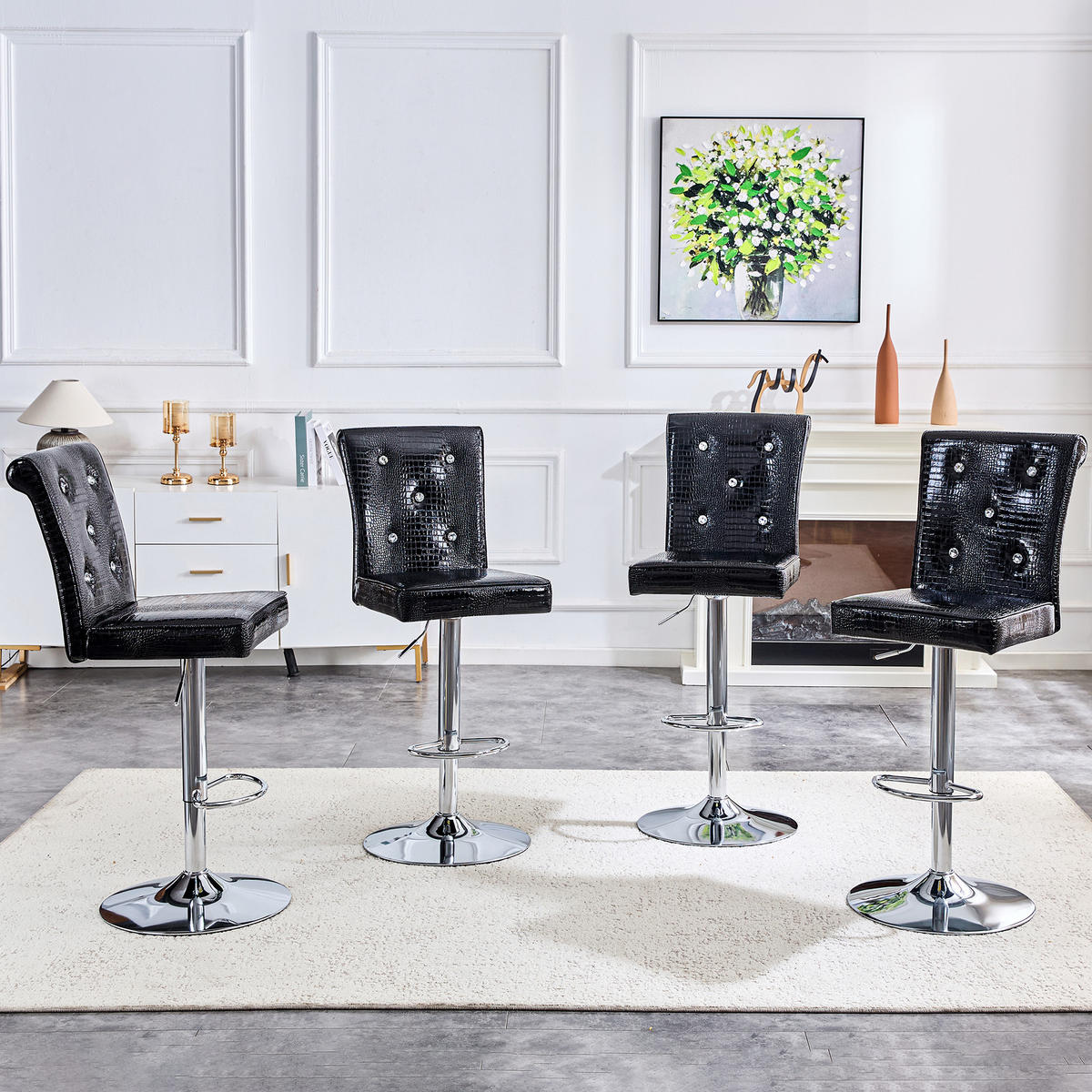 BARHOCKER 4er-Set Schwarz mit Kunstleder und Kristallknöpfen - Schwarz, Kunststoff (55/125/42cm) - PANGIVO