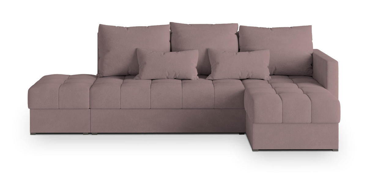 ECKSOFA LUMARI R-S Rosa Plüsch-Stoff mit Schlaffunktion - Rosa, Holz (262/143cm) - MASSENO