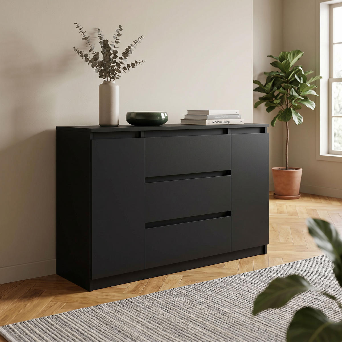 KOMMODE NUDO 120/78,5/39cm mit 3 Schubladen 2 Türen Schwarz - Schwarz, Holzwerkstoff (120/78.5/39cm) - MASSENO