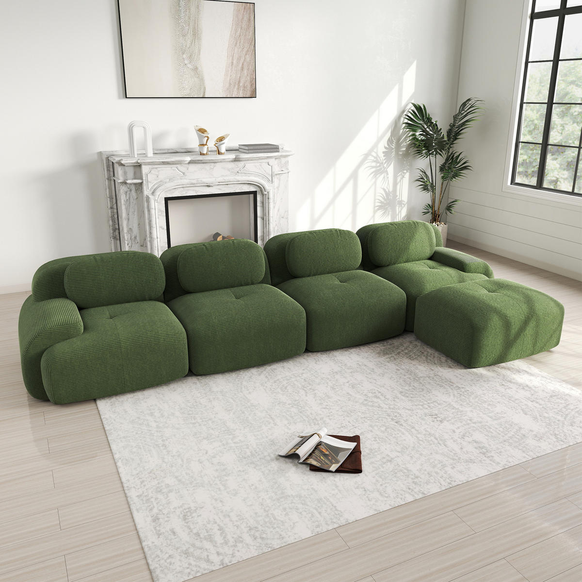 ECKSOFA in Grün mit Chaiselongue und Cordbezug - Grün, Textil (178/388cm) - Flora Grace