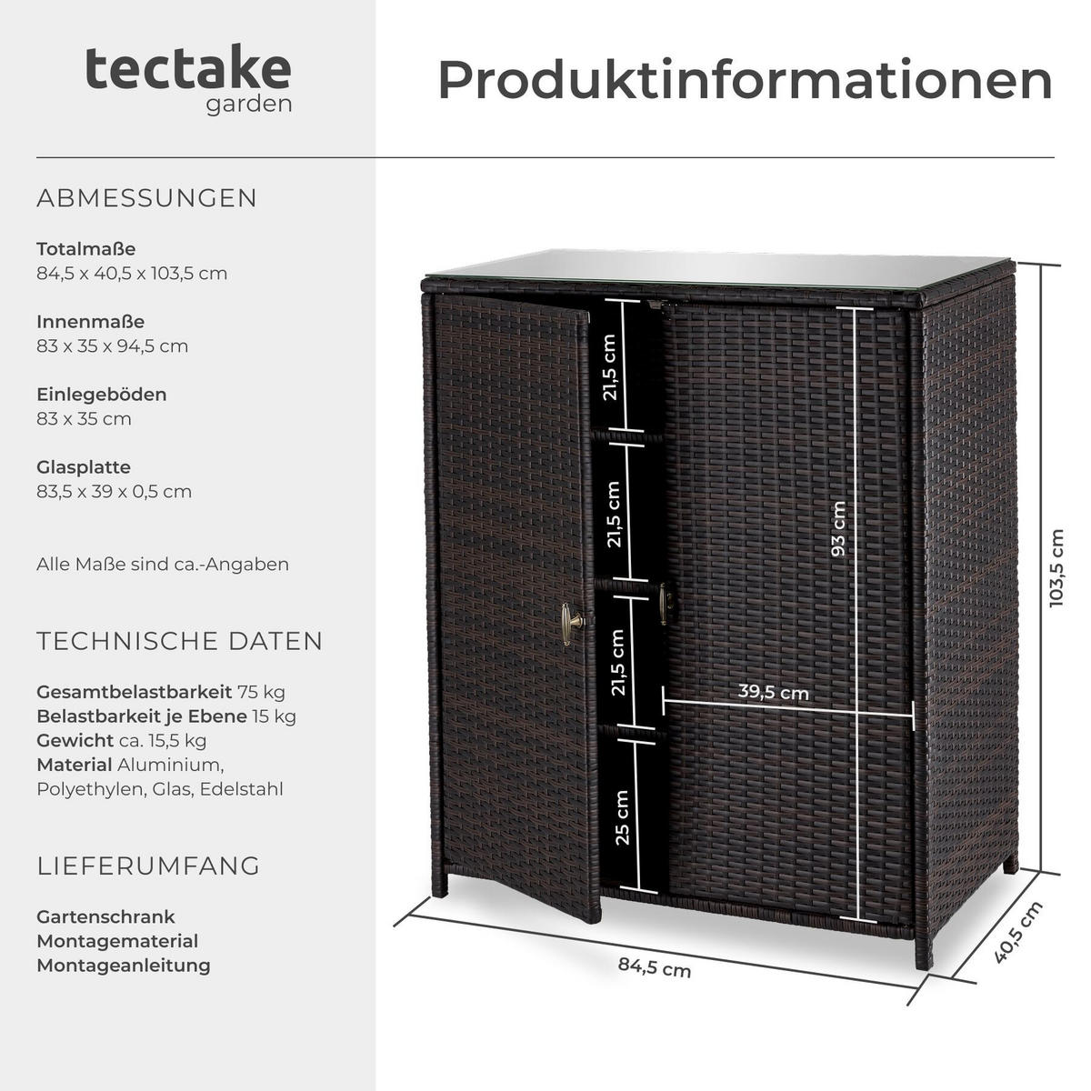 GARTENSCHRANK aus Aluminium Monza, 84,5 x 40,5 x 103,5 cm, braun - Braun, Kunststoff (84.5/103.5/40.5cm) - tectake