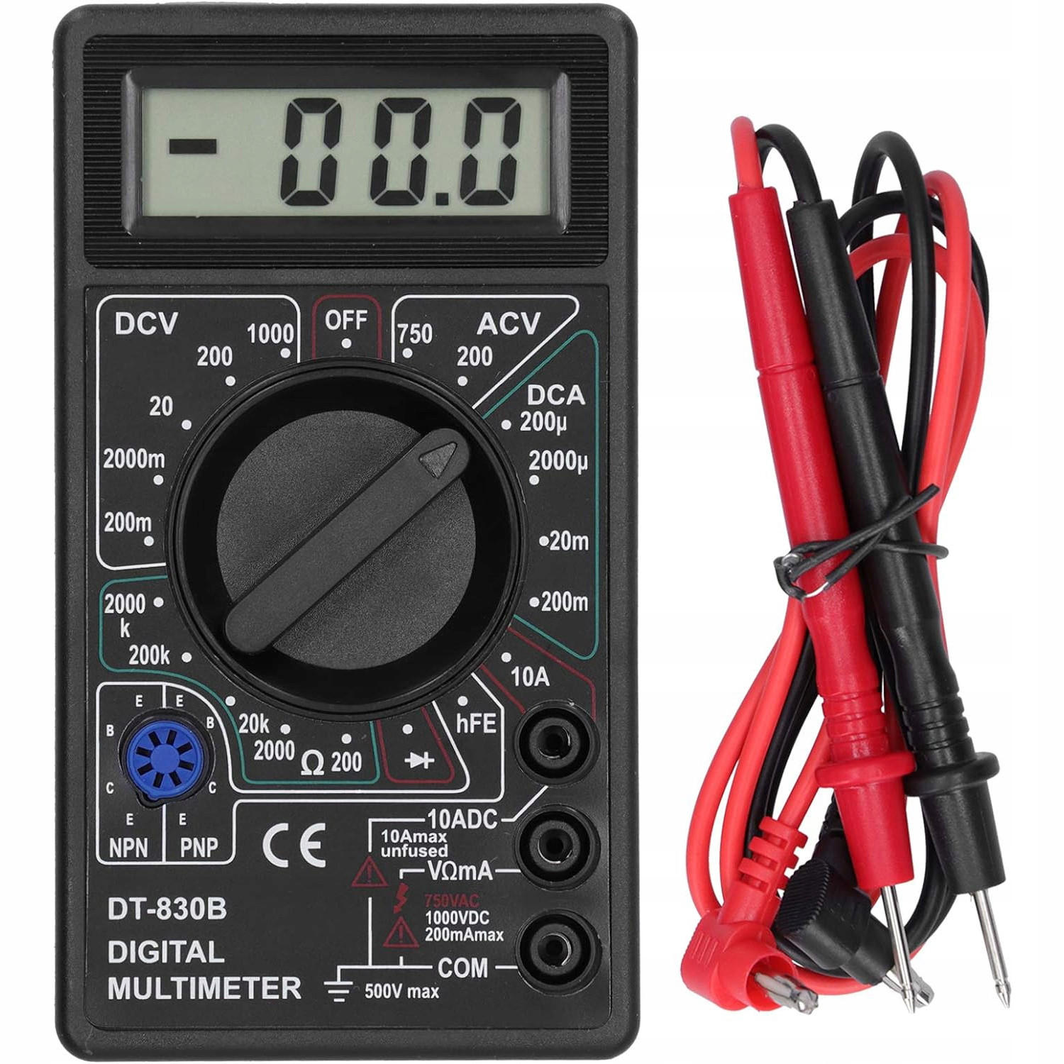 MULTIMETER DT-830B - Mini digital, LCD, DC 0-1000 V, AC 200-750 V, DC 0-10 A, 0-2 MΩ, Dioden- und Transistortest - Multicolor, Kunststoff/Metall (10/10/10cm)