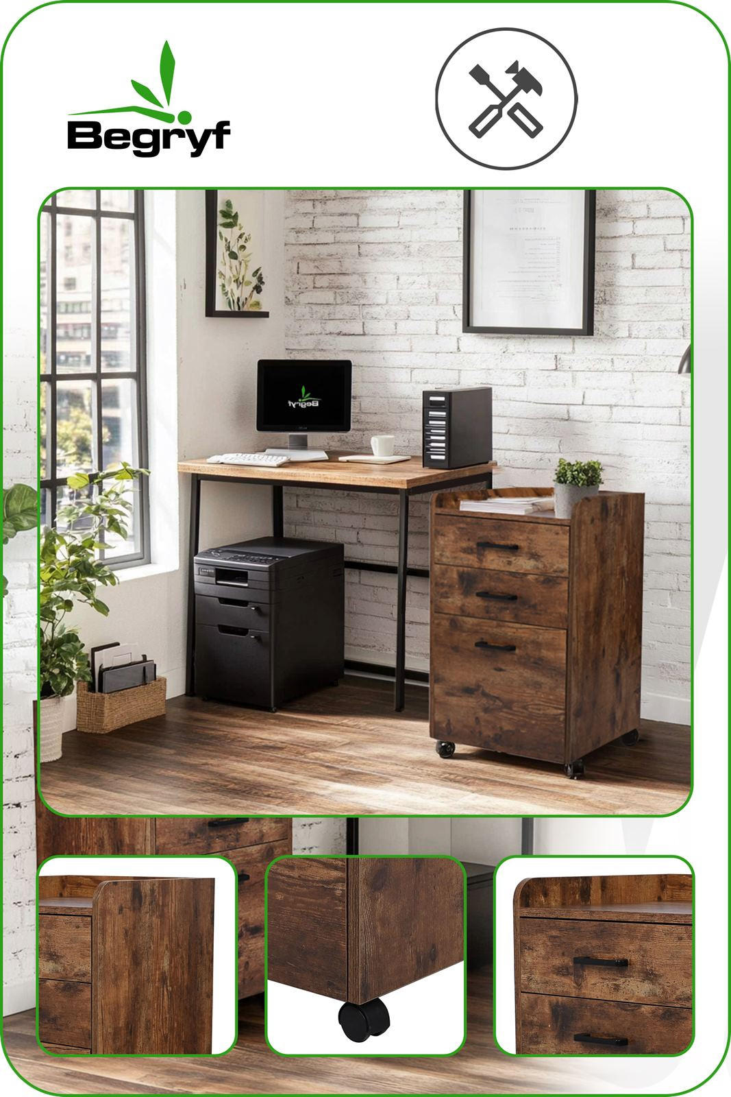 Thumbnail - Begryf Rollcontainer, Dunkelbraun, Holzwerkstoff, Metall, 3 Schubladen, 42x72x40 cm, Arbeitszimmer, Container