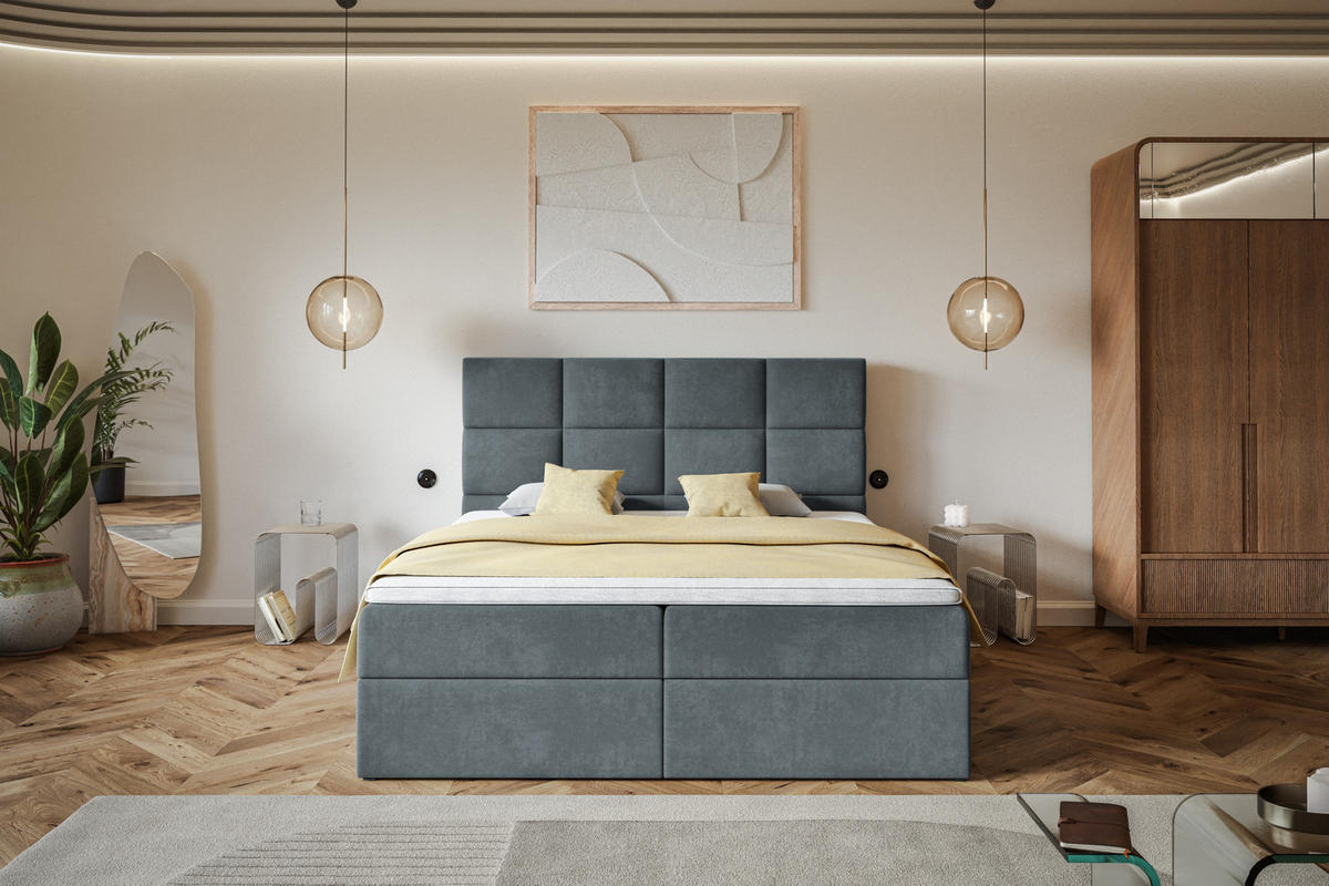 BOXBETT ROMA mit 2 Bettkästen, 160x200, Farbe: Dunkelgrau, Velourstoff, Doppelbett mit Bonell-Matratze - Dunkelgrau, Holz/Kunststoff (160/200cm) - Alpi-Möbel