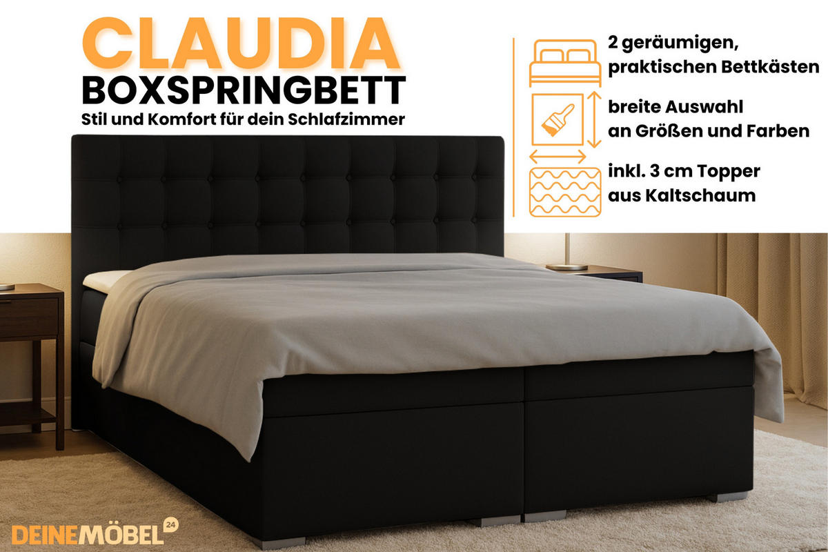 BOXBETT CLAUDIA 180/200 Velour Schwarz mit Taschen-Federkernmatratzen 7 Zonen H4 - Schwarz, Holzwerkstoff (180/200cm) - Deine Möbel 24