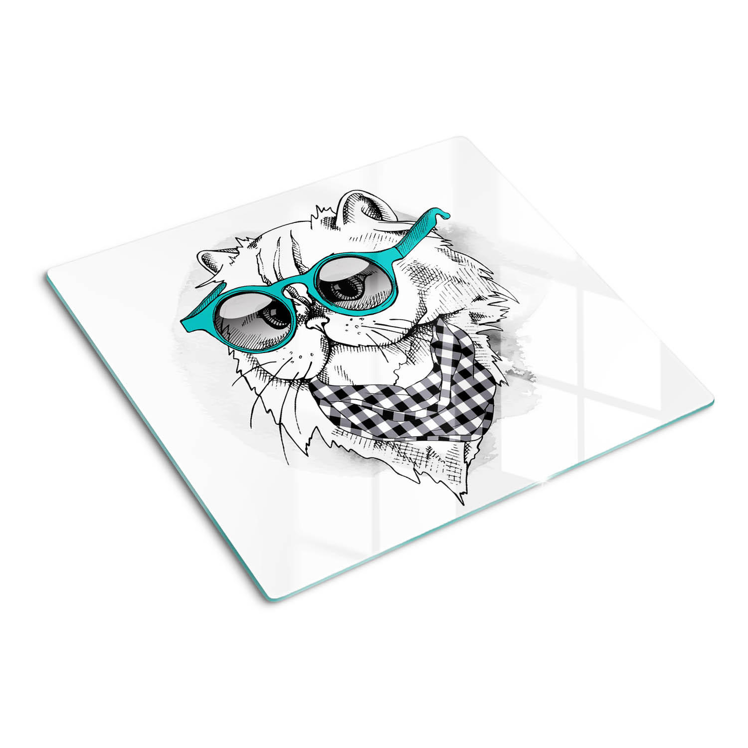 GLASPLATTE 60x52 cm Katze mit Brille - Blau, Glas (60/52cm) - TULUP