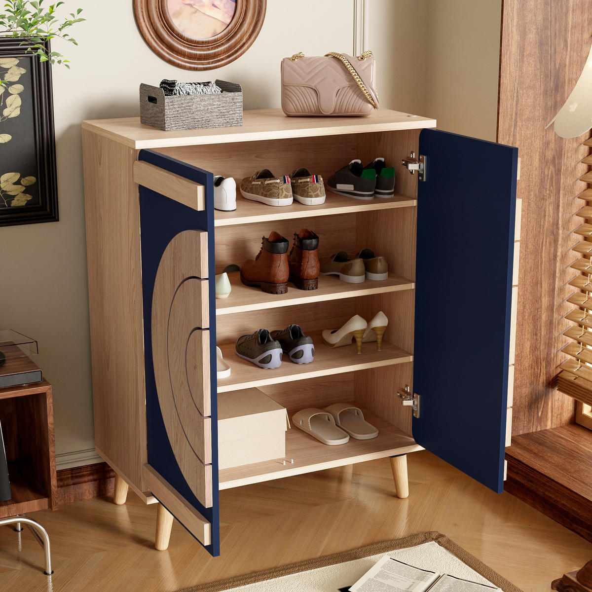 SCHUHSCHRANK mit geometrischen Türen mit Stauraum Holzfarbe modernes Design für Flur - Blau/Naturfarben, Holzwerkstoff/Metall (76/98.5/37cm) - EVRYAE
