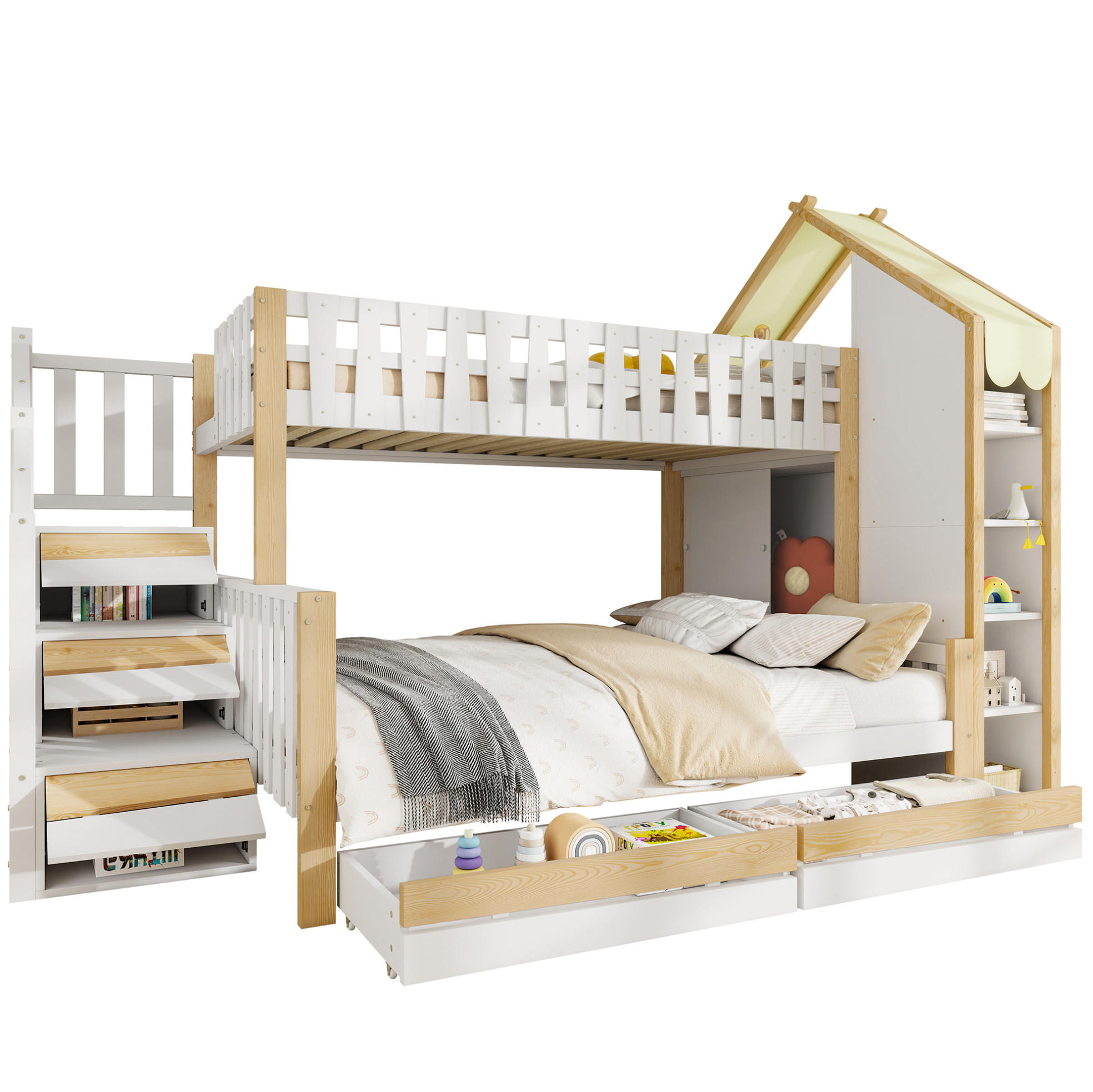 HAUSBETT 90/200 + 140/200 cm in Weiß/Natur mit Stauraumleiter und Schubladen - Weiß, Holz (90/200cm) - BEAOK