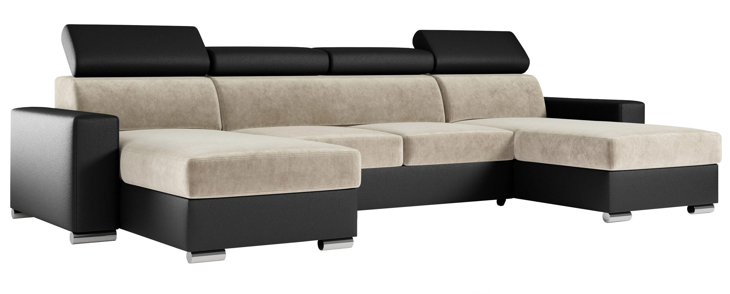 WOHNLANDSCHAFT FOX U Beige/Schwarz - Velvet/Kunstleder - Beige/Silberfarben, Kunststoff/Textil (306/98/168cm) - MKS
