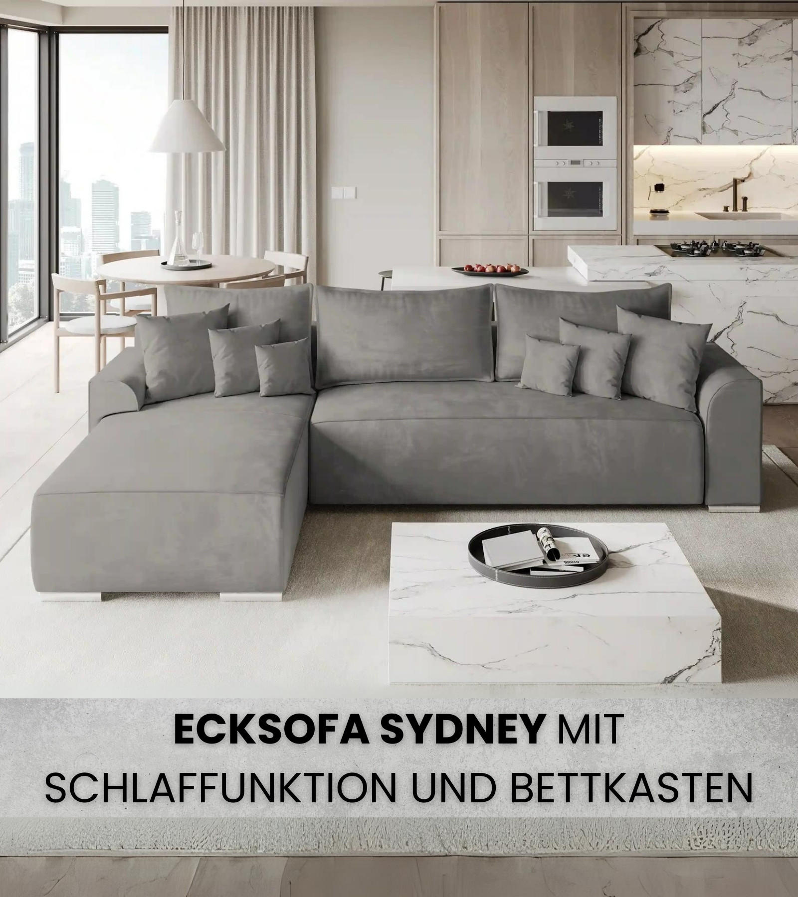 ECKSOFA Sydney mit Schlaffunktion Grau Plüsch - Grau, Textil (280/184cm) - Bromarkt