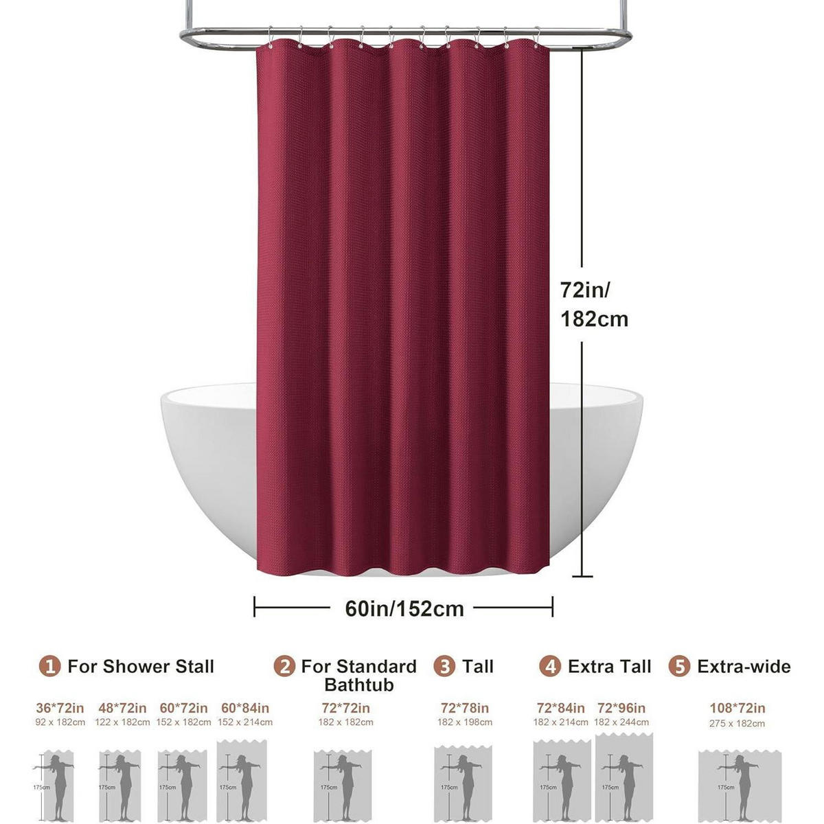 DUSCHVORHANG Waffelstoff Burgunderrot 152 x 182 cm - Bordeaux, Textil (152/182cm)