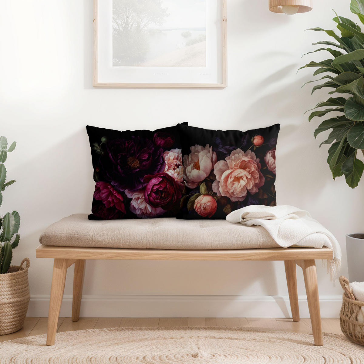 DEKOKISSEN 2er-Set Dunkle Blüten Duo 50/50 cm - Schwarz, Textil (50/50cm) - Bilderwelten