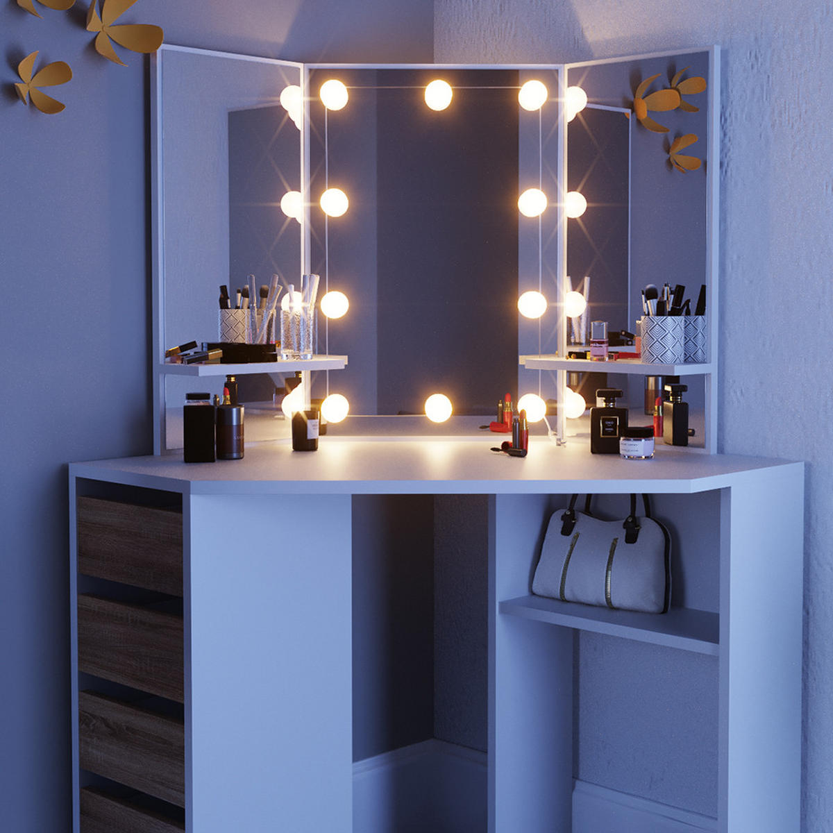 ECKSCHMINKTISCH Arielle Weiß/Sonoma 110 cm mit LED Beleuchtung - Weiß/Sonoma Eiche, Holzwerkstoff (110/141.5/54cm) - Vicco
