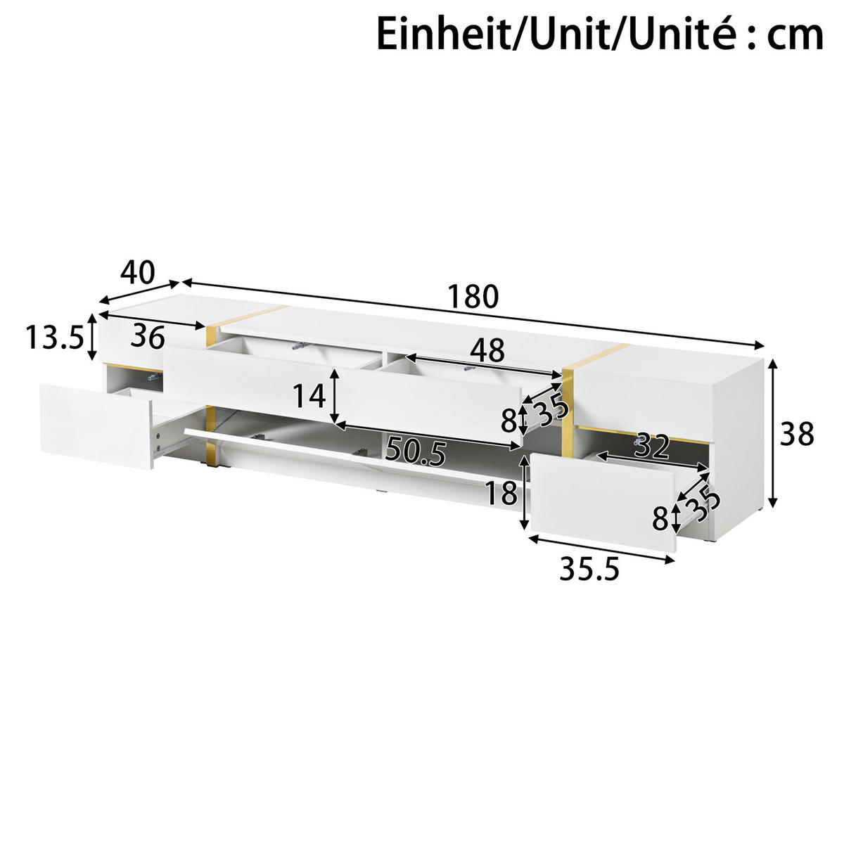 TV ormarić 180/40/38 cm bijeli od MDF-a i iverice s 4 ladice i 2 vrata - bijela, drvni materijal (180/38/40cm) - OKWISH