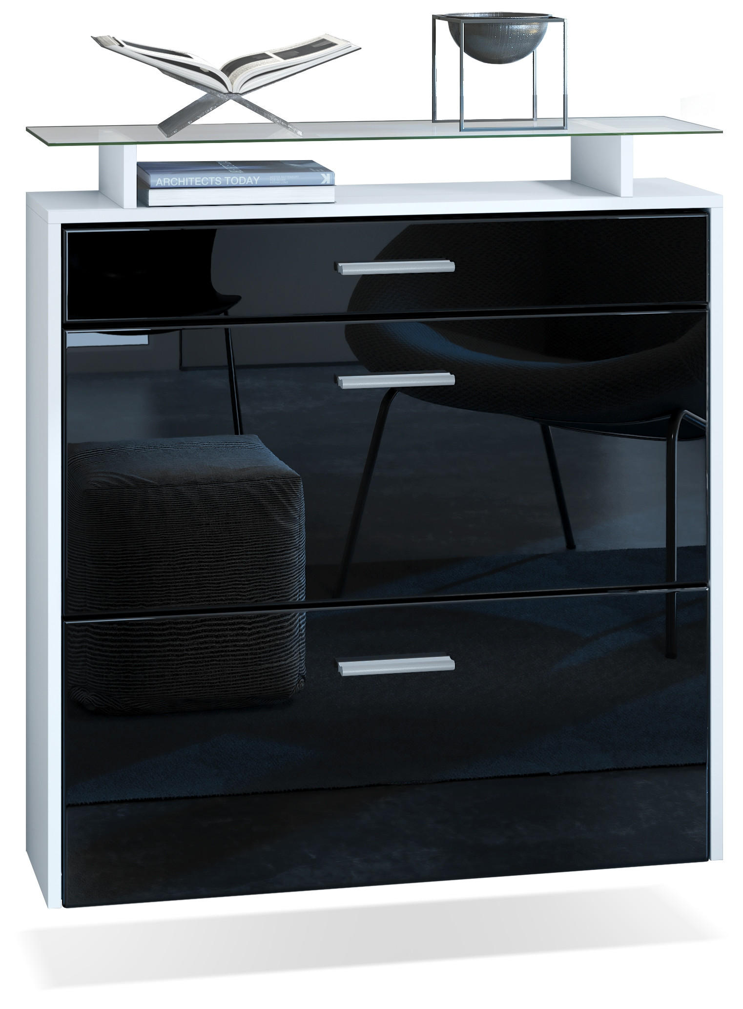 SCHUHSCHRANK Malea Front in Schwarz Hochglanz - Schwarz Hochglanz, Holzwerkstoff (89/96/23cm) - Vladon