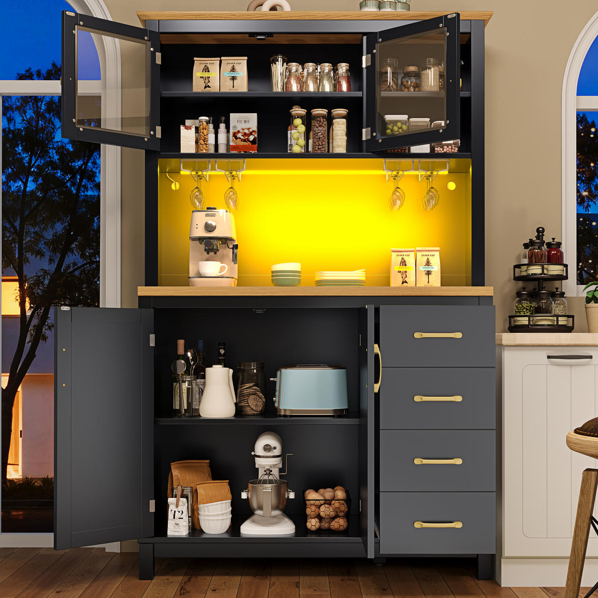 GESCHIRRSCHRANK aus MDF 105.5x40x180cm in Schwarz mit LED-Lichtleiste - Schwarz, Holzwerkstoff (105.5/180/40cm) - Modfu