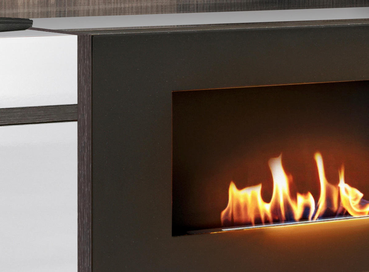 WOHNWAND weiß Hochglanz, Ulme 340 cm, Schrankwand mit Kamin, inkl. LED-Beleuchtung - Ulmefarben/Weiß Hochglanz, Glas/Holzwerkstoff (340/197/50cm) - Inn.Furn