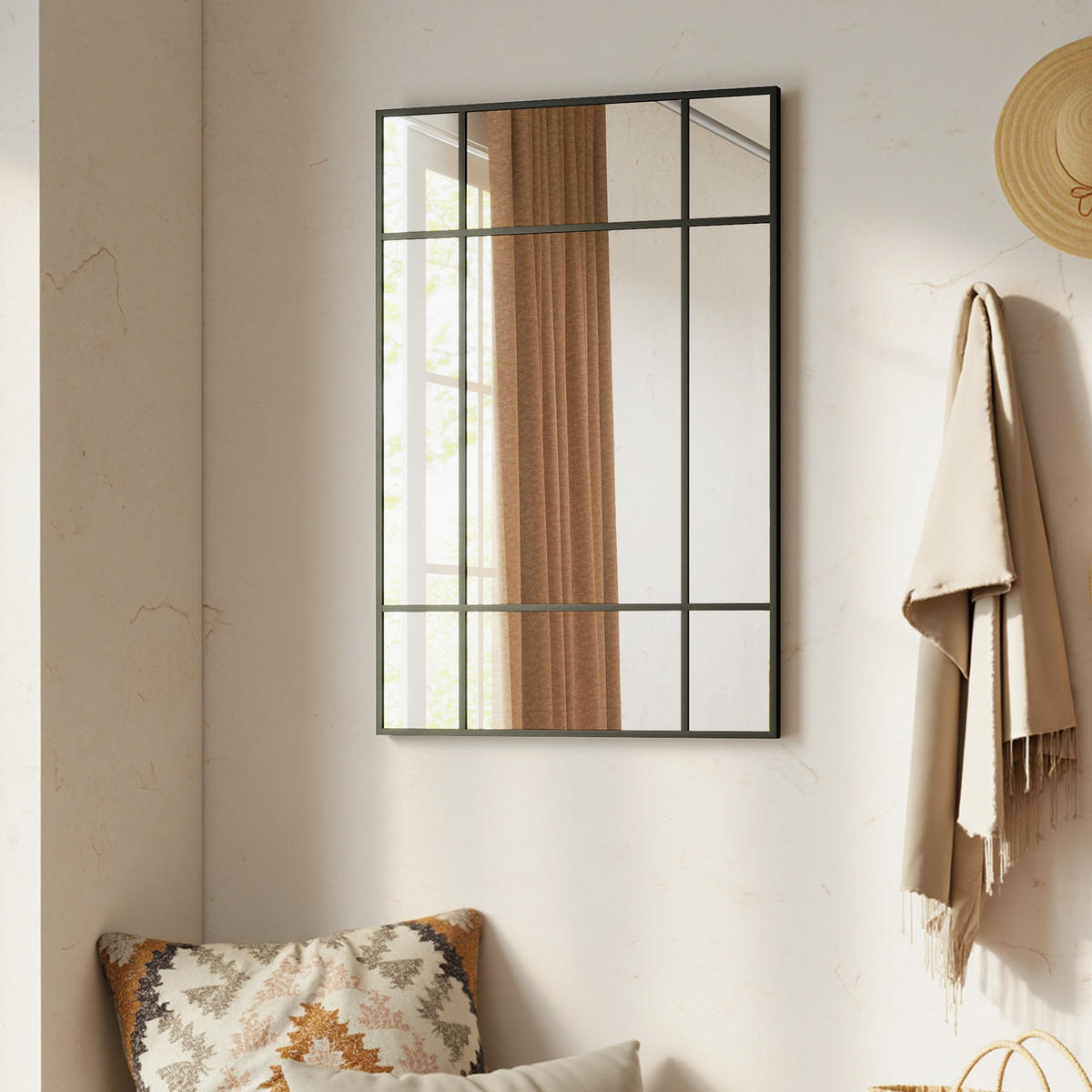 WANDSPIEGEL DE-14347 Fensterstil mit 4 Haken Schwarz - Schwarz, Glas (90/60/2cm) - ComfortXL
