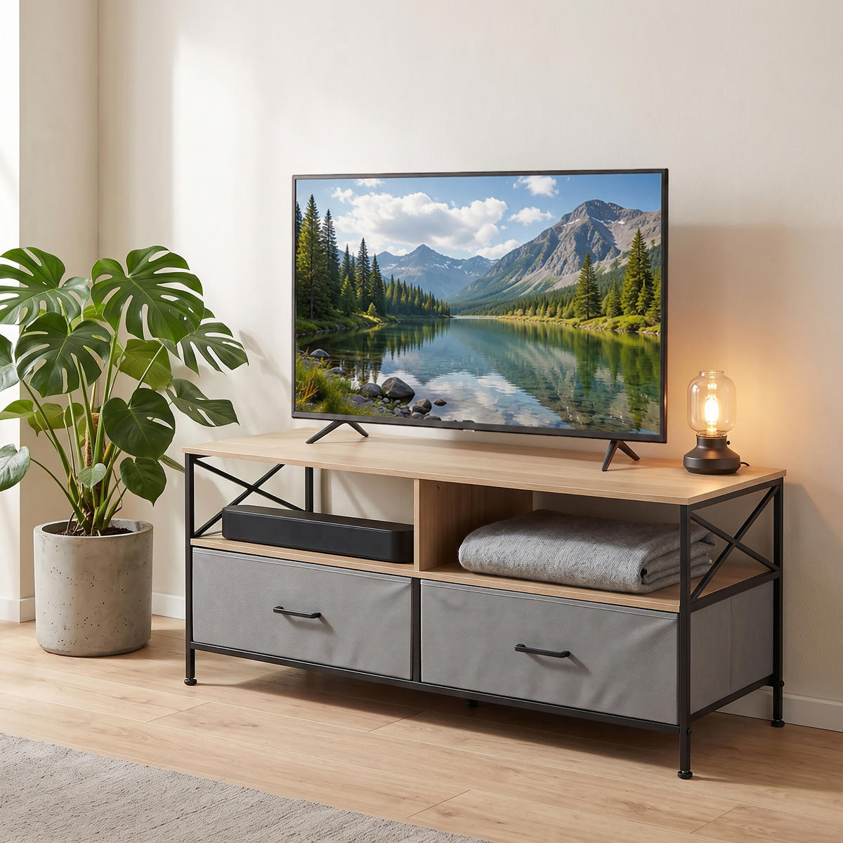 TV-KOMODA greige-crna ladice od tkanine 120 cm - višebojno, drvni materijal/metal (120/50/40cm) - Relaxdays