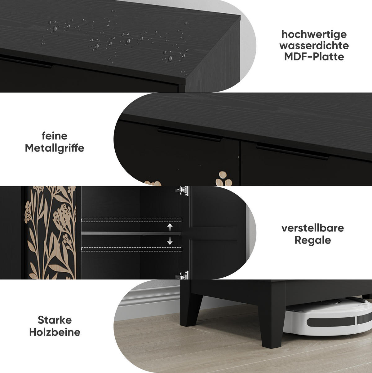 SIDEBOARD 80 cm in Schwarz mit 2 Türen und verstellbarem Einlegeboden - Schwarz, Holzwerkstoff (80/76/38cm) - Flora Grace