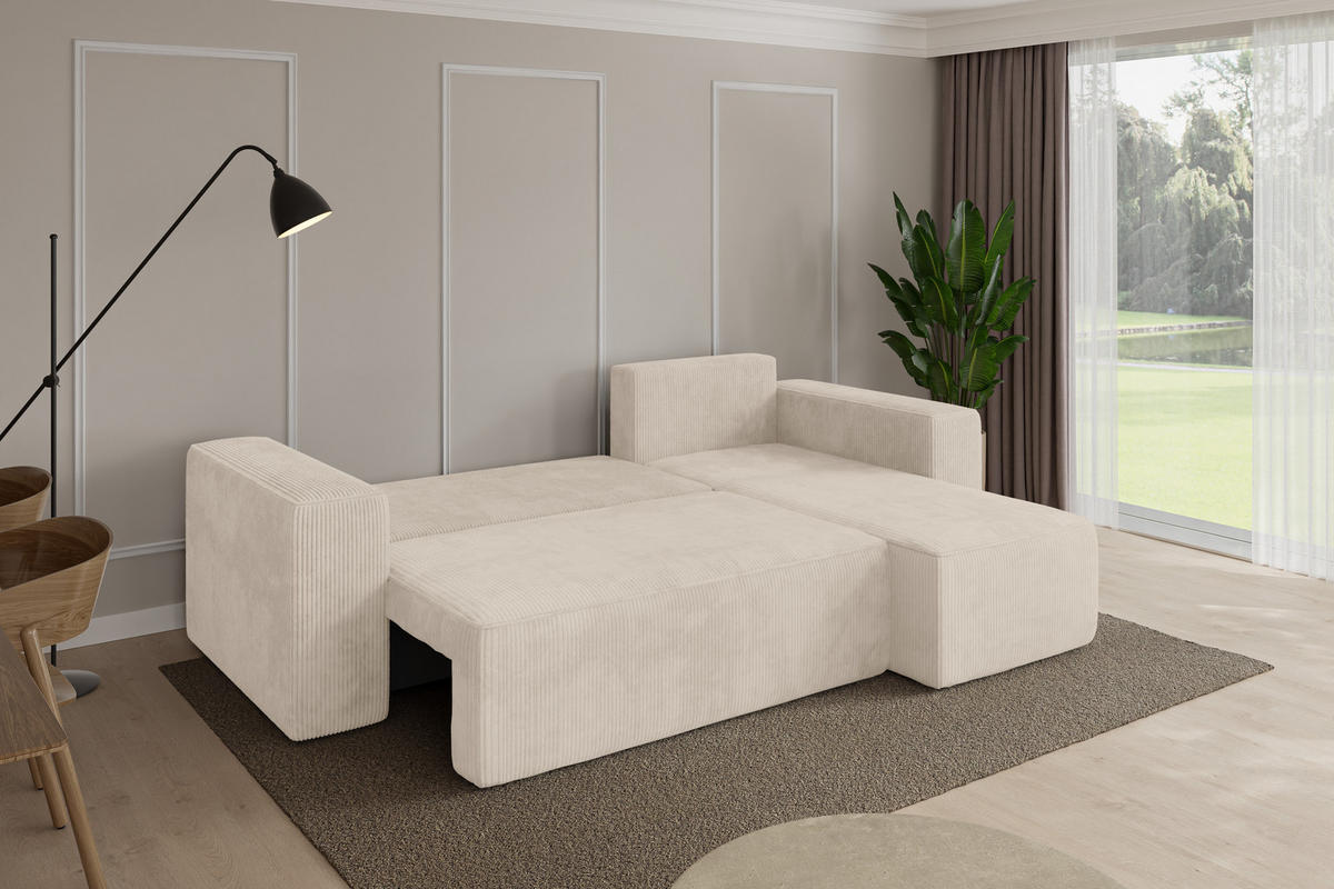 ROHOVÁ SEDAČKA s funkcí spaní, otoman vpravo SENO-L 249x139x85 béžová manšestr - černá/béžová, kompozitní dřevo/textil (249/139cm) - ALTDECOR
