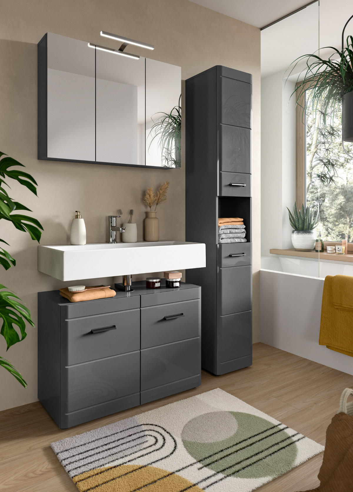 BADMÖBEL-SET grau Hochglanz 125 cm, Komplettset mit Soft-Close - Grau, Glas/Holzwerkstoff (125/190/34cm) - Inn.Furn