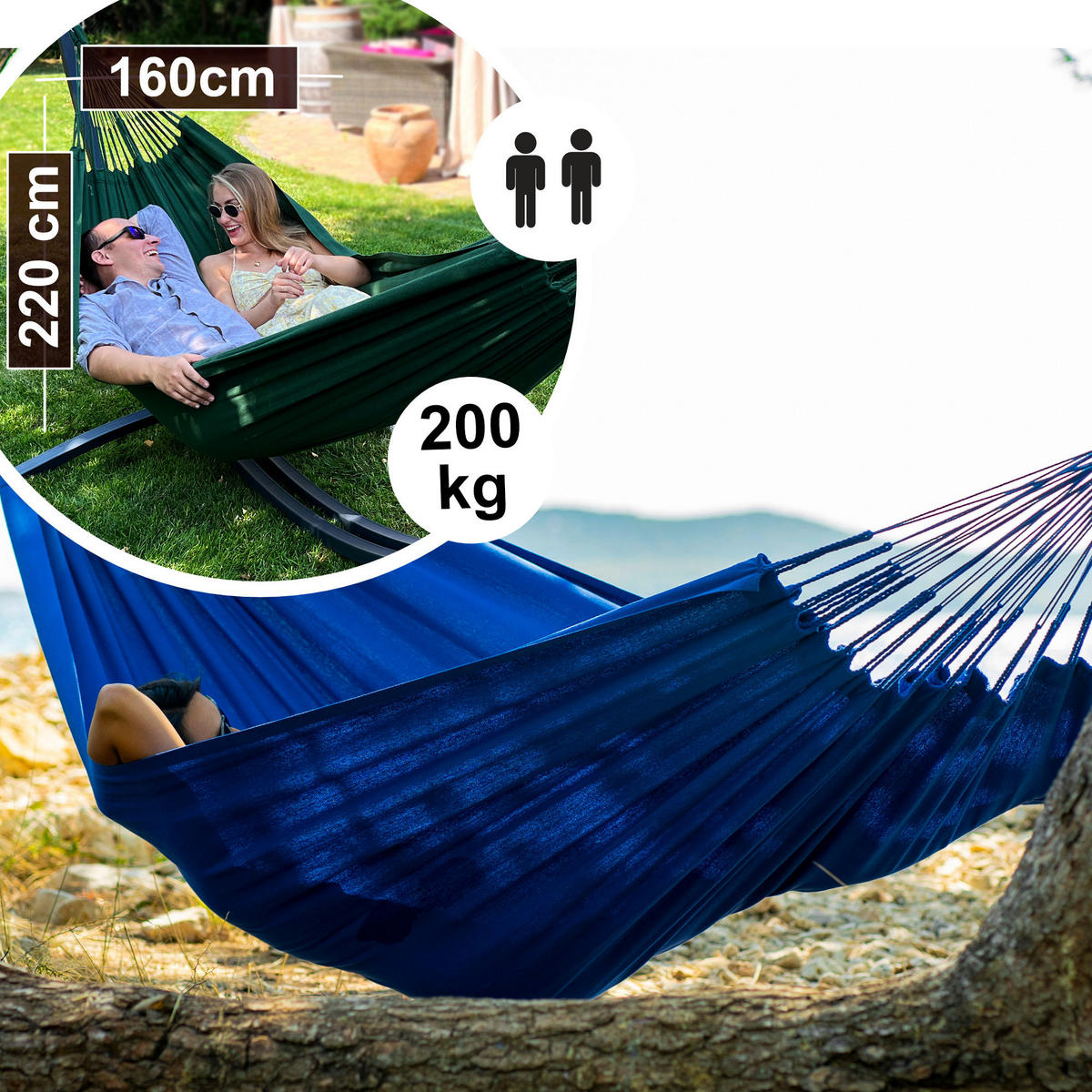 HÄNGEMATTE mit Gestell, 2 Personen, XXL, 200 kg, Metall, Merida Blau, einfache Montage - Blau, Metall (370/130/120cm) - Potenza