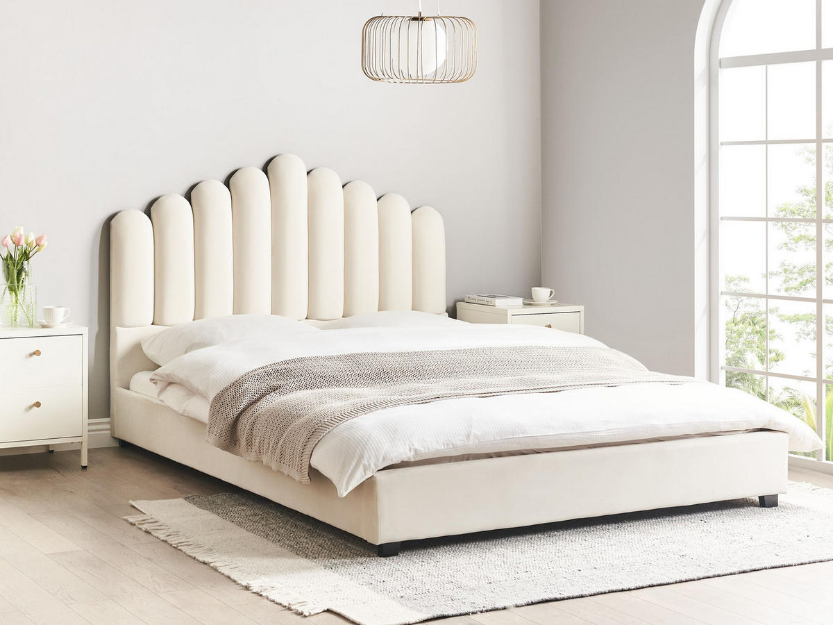 BETT mit Lattenrost 160/200 cm Cremeweiß Vincennes - Schwarz/Weiß, Textil (160/200cm) - Beliani