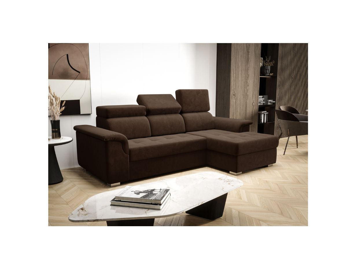 ECKSOFA KONGO RBN06, Eckcouch in L-Form mit Schlaffunktion, Farbe: Dunkelbraun, Velourstoff, Ottomane Rechts - Dunkelbraun, Textil (247/165cm) - O-Sofa